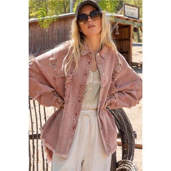 POL Jackets & Blazers - POL Button Down Raw‎ Hem Distressed Shacket